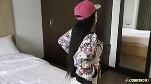 Slim Thai babe swallows then rides that monster cock deep inside.