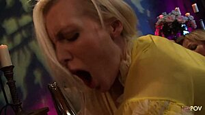 big tittied blonde bimbos kiss passionately while huge cock stretches asses in bisexual threesome