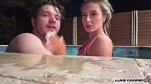 Hot big boobs blonde stepsis rides huge cock poolside at night