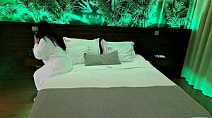 Latina milf demands chubby handyman oils her up before squirting wildly in hotel