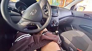 guy jerks off risky in car public spot near students outdoors