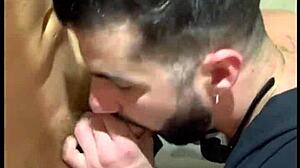 muscular brazilian bodybuilder gets huge cock pegging in gym bathroom first time