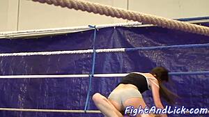 Euro babes wrestle passionately backstage ripping panties in lesbian catfight frenzy