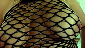 curvy milf bent over bed takes deep anal fingering doggystyle in fishnets heels