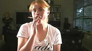 Katie sfw blonde smokes while teasing her petite tits close-up