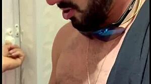 muscular brazilian bodybuilder gets huge cock pegging in gym bathroom first time