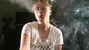 Katie sfw blonde smokes while teasing her petite tits close-up