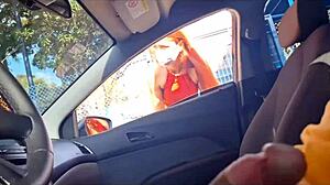 guy jerks off risky in car public spot near students outdoors