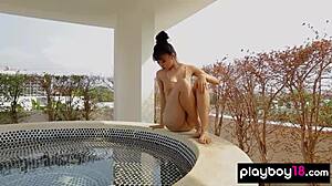 skinny thai teen sowan strips petite body outdoors revealing cute exotic shaved pussy on the roof