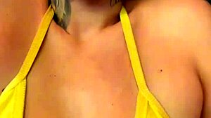 Tanned gym girl in see-through bikini flashes wet pussy publicly
