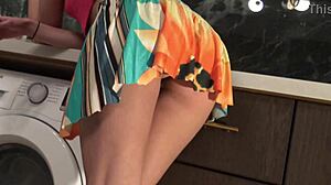 Hot Brunette Slips Panties Off Under Miniskirt in Kitchen
