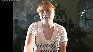 Katie sfw blonde smokes while teasing her petite tits close-up