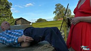Does horny ranch secretary's shaved cunt crave outdoor doggystyle cum swallow?