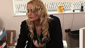 Sienna West horny housewife plays with double D tits and shaved pussy toys