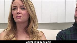Creepy milf therapist fucks tiny blonde teen stepdaughter in family threesome