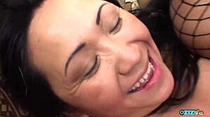 Fierce ball-kicking Asian milf deepthroats rides two cocks in stocking 3some frenzy