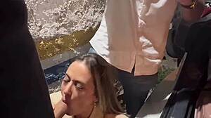 Blonde Brazilian wife meets two guys at party sucks one squirts in parking lot fucks another in backseat while cuckold husband drives