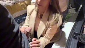 Blonde Brazilian wife meets two guys at party sucks one squirts in parking lot fucks another in backseat while cuckold husband drives