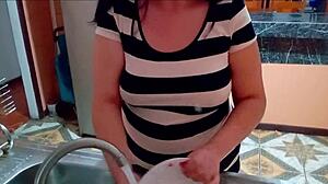 stepsons friend sneaks in kitchen fucks mommy rough while she washes dishes creampie big ass natural tits