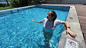 so i cheated on my wife with her hot friend by the pool and accidentally creampied her shaved pussy