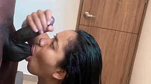 careless bj turns into deepthroat cum mouthful for curvy brunette