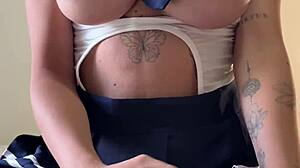 Young goth couple fucks huge natural tits after classroom passion