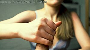 Red-Lipped Beauty's Close-Up Handjob Drives Boyfriend Wild