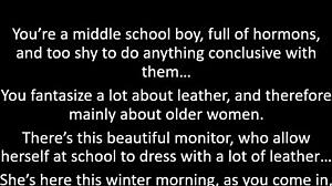 In the classroom, leather-clad teacher monitors student tits during solo tease