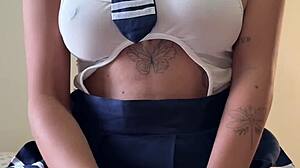 Young goth couple fucks huge natural tits after classroom passion