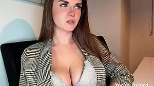 stepmother's huge natural tits and leather pants give her worker a massive boner right at the office desk