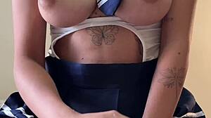 Young goth couple fucks huge natural tits after classroom passion