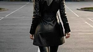 In the classroom, leather-clad teacher monitors student tits during solo tease
