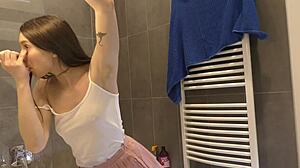 Braless Brunette Babe Teases Ass and Legs in Pink Miniskirt Bathroom