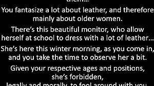 In the classroom, leather-clad teacher monitors student tits during solo tease