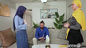 Two shy hijab teens boldly explore sex talk with stranger