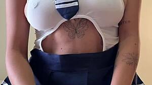 Young goth couple fucks huge natural tits after classroom passion