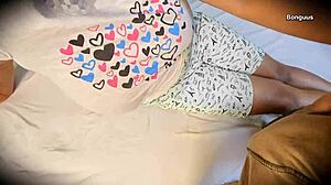 stepsister's big tits and hairy pussy alone until stepbrother arrives for creampie fun.
