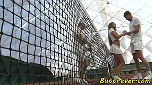 euro babe's ass spitroasted hard by two guys at tennis court