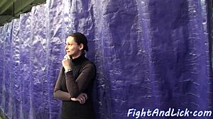 Two muscular european lesbians dominate in intense boxing ring wrestling catfight.