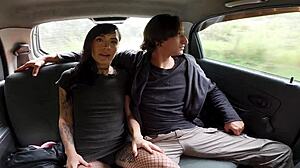 A skinny European model flashes her miniskirt then rides cock cowgirl in the car publicly.