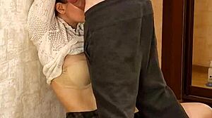 young skirt-wearing girl moans loud during hardcore homemade mouth fucking with monster cock and socks