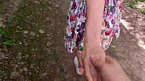 Skinny Girlfriend's Sloppy Public Park Blowjob Ends in Cum on Tits POV