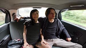 A skinny European model flashes her miniskirt then rides cock cowgirl in the car publicly.