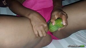 College Coed Masturbates with Giant Cucumber Deep in Dripping Pussy
