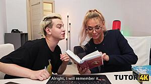 russian blonde tutor sips cum from coffee then swallows more in mmf threesome