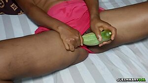 College Coed Masturbates with Giant Cucumber Deep in Dripping Pussy