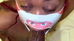 masked ebony deepthroats big black cock sloppy spits rough pov till facial cumshot