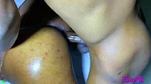 curvy ebony girlfriend strips oiled body takes full dick closeup