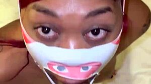 masked ebony deepthroats big black cock sloppy spits rough pov till facial cumshot