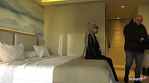 Slim tattooed German milf wife begs for raw hotel cheating, cum splashing her narrow ass